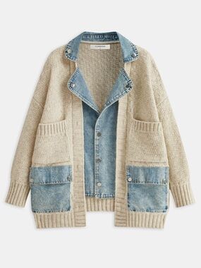 Commense Denim Panel Utility Pocket Knit Cardigan Size Large Oversized NWT